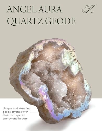 KALIFANO Angel Aura Quartz Geode - Titanium Bonded High Energy Crystal Cuarzo Cluster/Druzy with Information Card - Natural Reiki Rock Used for Clarity and Purpose (Family Owned and Operated)