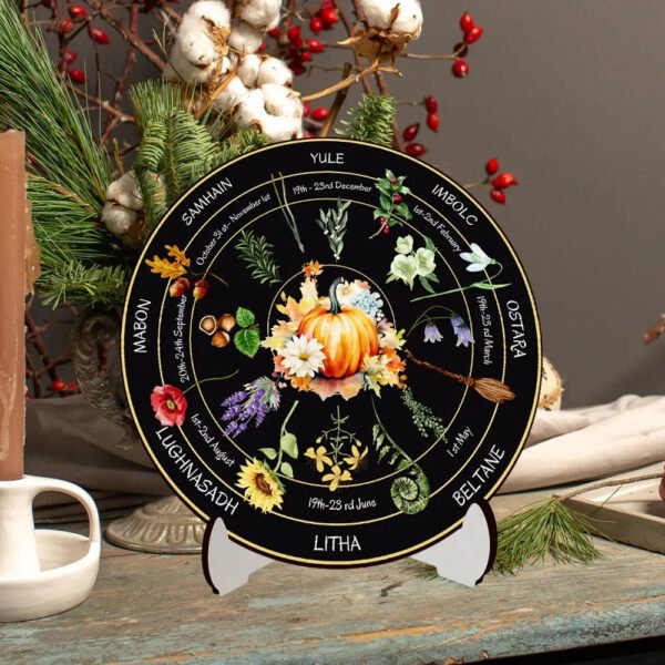 10inch Wooden Wheel of The Year Calendar Witch Wicca Calendar Tabletop Ornament with Bracket Room Home Decoration