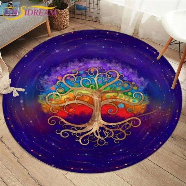 Embrace Norse Elegance: Tree of Life Rune Pattern Round Rug - Enhance Your Living Space with Vibrant Rainbow Print - Perfect for Viking Home Decor & Cozy Floors