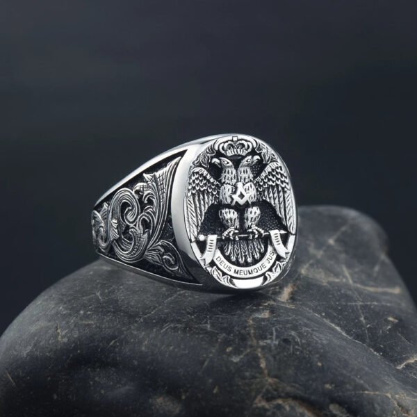 Masonic Scottish Rite 33 Degree Double Head Eagle Phoenix Hand Engraved Sterling Silver Ring