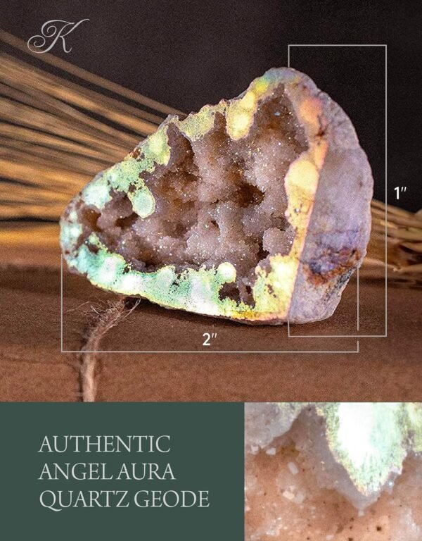 KALIFANO Angel Aura Quartz Geode - Titanium Bonded High Energy Crystal Cuarzo Cluster/Druzy with Information Card - Natural Reiki Rock Used for Clarity and Purpose (Family Owned and Operated)