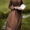 Women Medieval Victorian Retro Dress Square Collar Long Sleeves High Waist French Apparel Brown Blue Temperament Long Dress