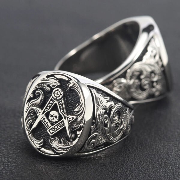 Freemason Skull And Bones Signet Masonic Hand Engraving Sterling Silver Ring