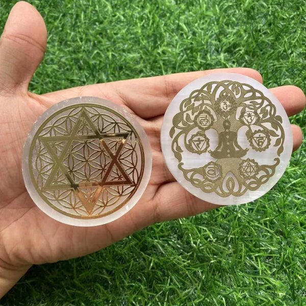 6CM Natural Crystal Selenite Slice Slab White Gypsum Chakra Flower of Life Charging Plate Yoga Meditation buy one and get one free