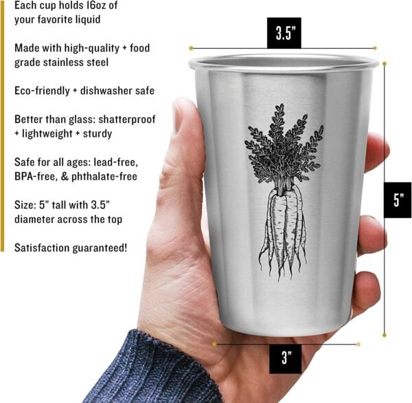 Garden Vegetable Cups - Four 16Oz Stainless Steel Veggie Tumblers - Gift for Gardeners and Home Chefs - Unique Designs Include Carrots, Corn, Asparagus, and Garlic - Kid Safe, Great for Children