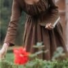 Women Medieval Victorian Retro Dress Square Collar Long Sleeves High Waist French Apparel Brown Blue Temperament Long Dress