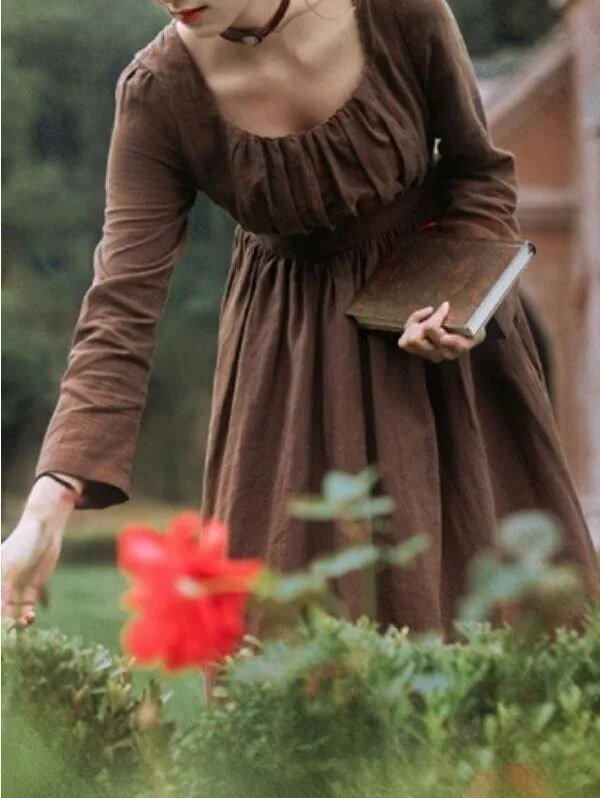 Women Medieval Victorian Retro Dress Square Collar Long Sleeves High Waist French Apparel Brown Blue Temperament Long Dress
