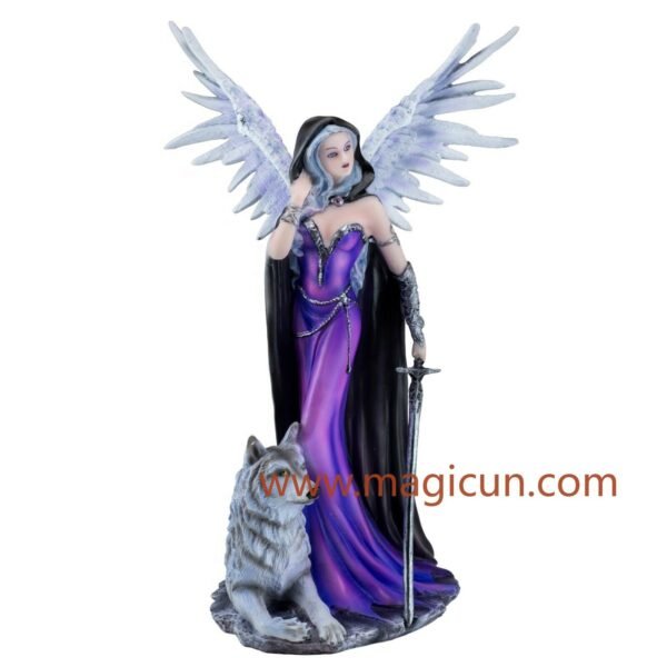 Fairy Collection~Dark Gothic Angel With Wolf Figurine Statue 10.5" High Winged Fairy Warrior New