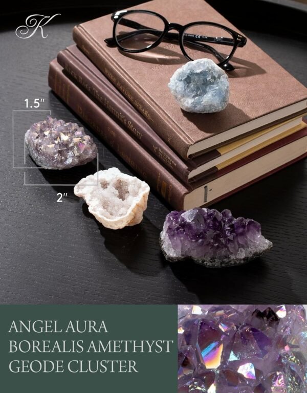 KALIFANO Angel Aura Quartz Geode - Titanium Bonded High Energy Crystal Cuarzo Cluster/Druzy with Information Card - Natural Reiki Rock Used for Clarity and Purpose (Family Owned and Operated)