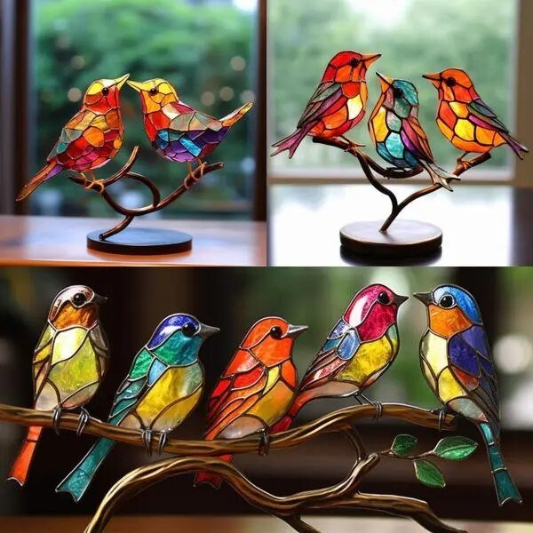 Manual Stained Acrylic Birds On Branch Desktop Ornaments Acrylic Material Double Sided Multicolor Style Birds Alloy Decorations