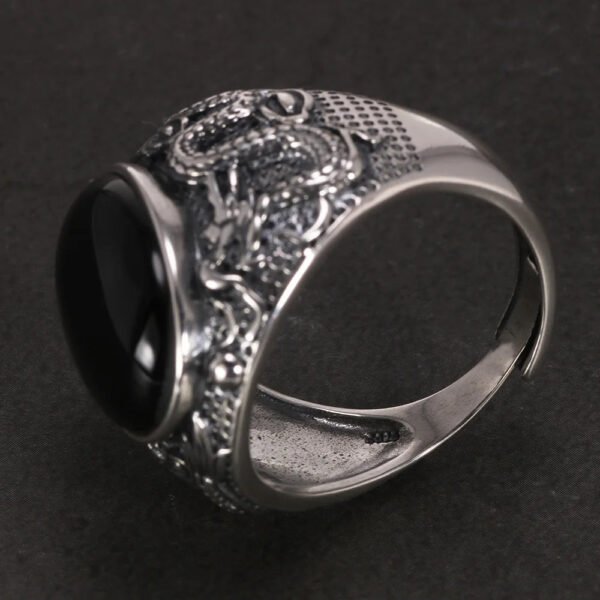 Natural Black Onyx Dragon Engraved Retro Vintage Men's Rings Adjustable