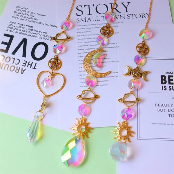 Elegant Suncatcher Crystal Wind Chime with Star, Moon, and Diamond Design - Hanging Prisms for Rainbow Light Effects - Decorative Pendant for Home and Garden