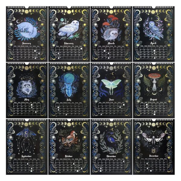 EZONE 2024 Dark Forest Calendars Creative Illustrated Wall Lunar Calendars Astrology Moon Calendars Butterfly Deer Owl Calendars