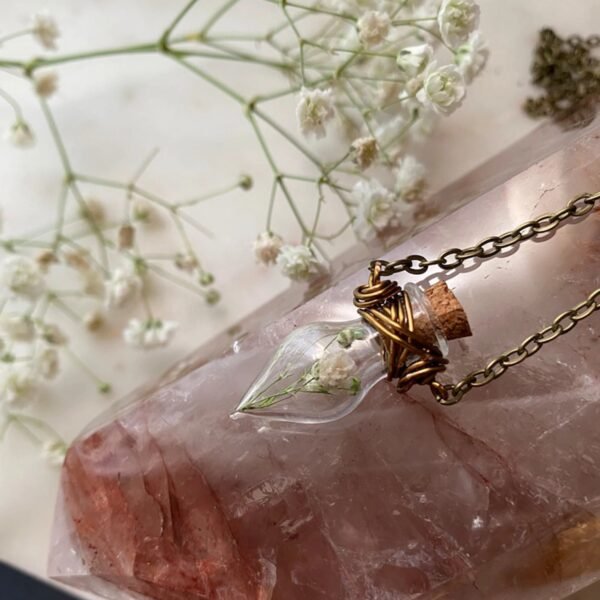 BREATHE a babies breath bottled teardrop necklace dried floral inspiration