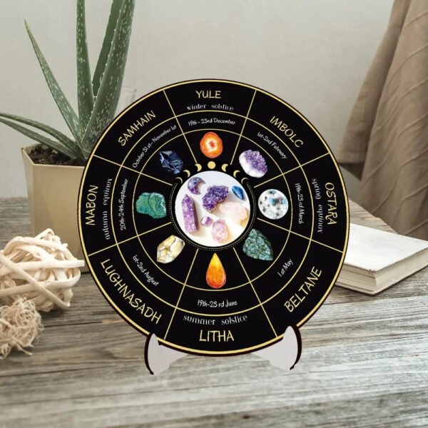 10inch Wooden Wheel of The Year Calendar Witch Wicca Calendar Tabletop Ornament with Bracket Room Home Decoration