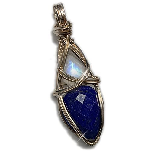 Lapis Lazuli and Moonstone Necklace Pendant | Blue Crystal Necklace | Rainbow Moonstone Jewelry | Charged Moonstone Crystal Necklace for Women | Gift For Her Lapis Egyptian Jewelry LMG2