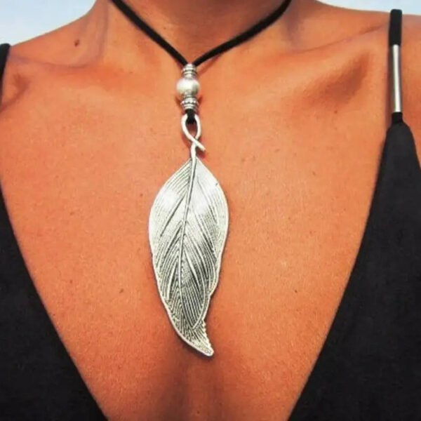 long pendant necklace Bohemian necklace, feather necklace, leaf pendant, bohemian jewelry, leather necklaces