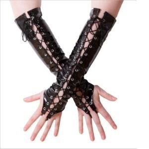 eb11289c4b41a5be8cb340aba01dcfd1 Ladies PVC Lace Up Long Fingerless Gloves Women Pole Dance Elbow Length Gloves Red Black Shiny Wetlook Vinyl Leather Gloves