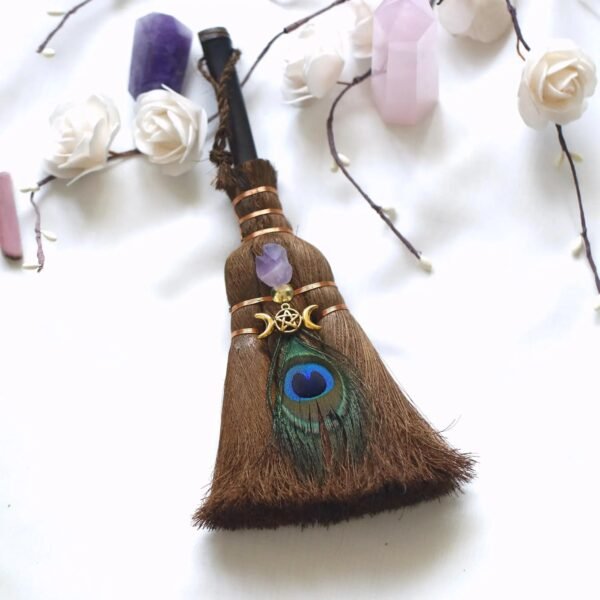 Crystal feather broom three-phase moon quartz pendant amethyst witch altar decoration festival decor magic gift