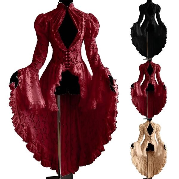 Women Vintage Lace Victorian Dress Long Flare Sleeve Gothic Long Tail Pleated Hollow Out Dresses Halloween Retro Cosplay Dress