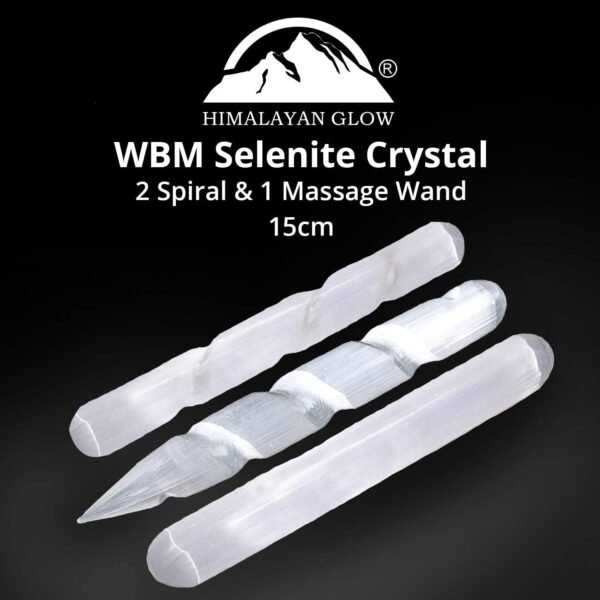 Himalayan Glow 1063 WBM Selenite Healing Crystals, 2 Wands with Single Massage Stick – 3 Count