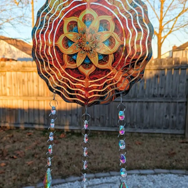 Mandalas 3D Sublimation Aluminum Metal Wind Spinner with Crystal Pendant for Outdoor Garden Yard Hanging Ornament Decoration