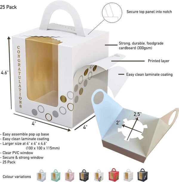 White with Silver and Gold Design, Congratulations, Anniversary or Invitation Individual Cupcake Boxes or Cookie Boxes, Pack of 25 Colorful Custom Designs, Premium Cake Box.