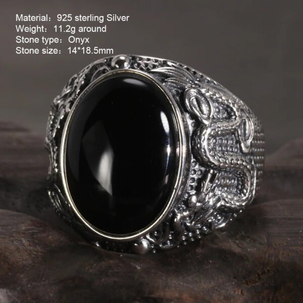 Natural Black Onyx Dragon Engraved Retro Vintage Men's Rings Adjustable