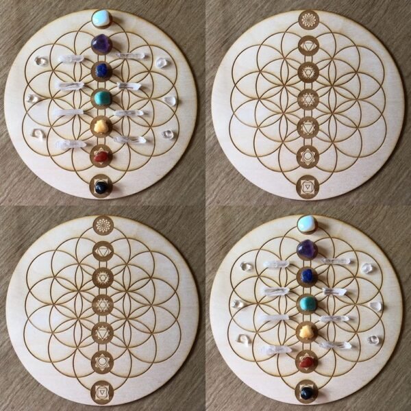 Crystal Grid~Flower of Life Chakras Crystal Grid - Chakras Crystal Grid - Chakras Wood Crystal Grid - Chakra Altar Decoration - Wood Crystal Grid