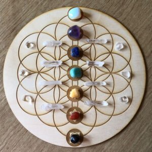 Crystal Grid~Flower of Life Chakras Crystal Grid - Chakras Crystal Grid - Chakras Wood Crystal Grid - Chakra Altar Decoration - Wood Crystal Grid