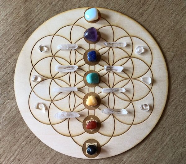 Crystal Grid~Flower of Life Chakras Crystal Grid - Chakras Crystal Grid - Chakras Wood Crystal Grid - Chakra Altar Decoration - Wood Crystal Grid