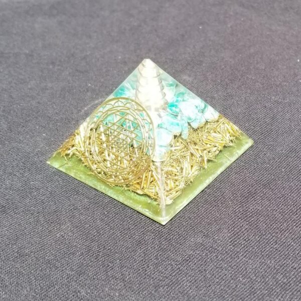 Orgone Energy~Orgonite® Pyramid Energy Healing Orgone® Pyramid Small Sri Yantra Amazonite & quartz crystal EMF / RF Protection