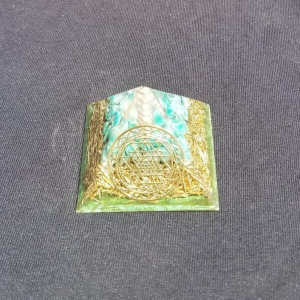 Orgone Energy~Orgonite® Pyramid Energy Healing Orgone® Pyramid Small Sri Yantra Amazonite & quartz crystal EMF / RF Protection