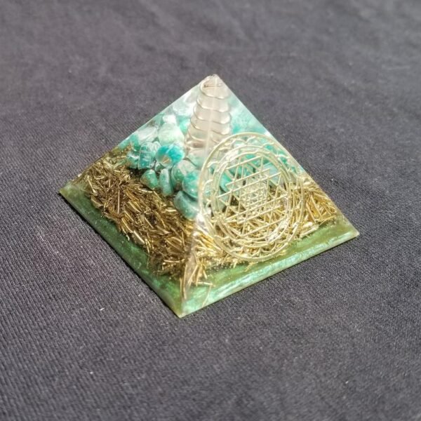 Orgone Energy~Orgonite® Pyramid Energy Healing Orgone® Pyramid Small Sri Yantra Amazonite & quartz crystal EMF / RF Protection