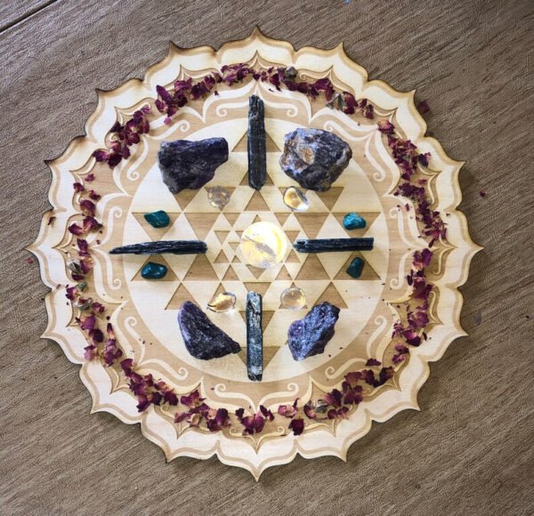 Crystal Grid~Sri Yantra Crystal Grid #2 - Wooden Crystal Grid - Altar Decoration