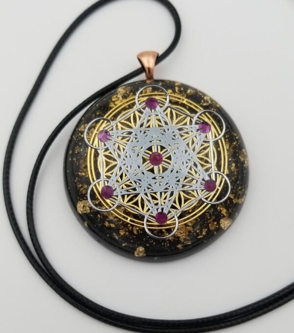 Orgone Energy~Orgonite® Pendant - Metatrons Flower of life orgone® amulet pendant with Rubies & quartz crystal. Protection from EMF Protection