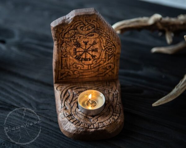 【Wood Sculpture】Candle holder, candlestick, Scandinavian, home altar, runic stone, runes, norse, viking, heathen, handmade