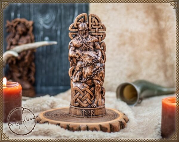 【Wood Sculpture】Tyr, Norse pantheon, viking pagan asatru heathen god and goddess Scandinavian gods altar mythology, Fenrir