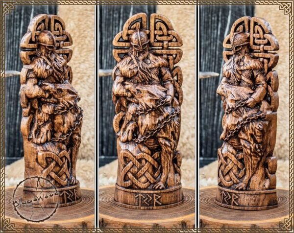【Wood Sculpture】Tyr, Norse pantheon, viking pagan asatru heathen god and goddess Scandinavian gods altar mythology, Fenrir