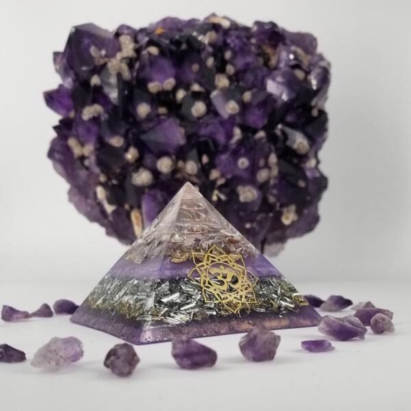 Orgone Energy~Orgonite® Pyramid Aum Om Amethyst Orgone® pyramid with EMF Protection from cell phone and electronics