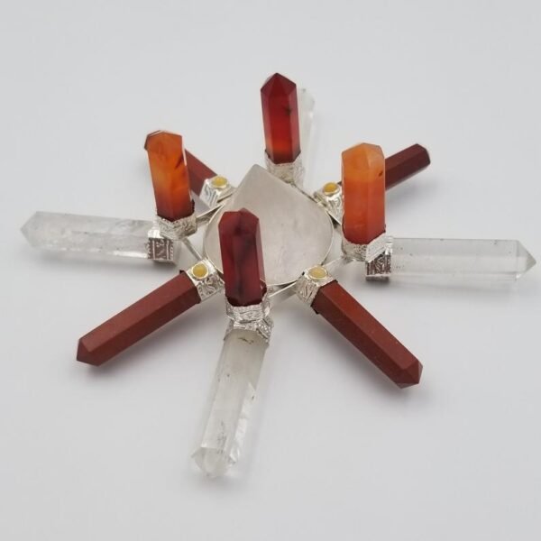 Orgone Energy~Crystal Generator Antenna wheel healing tool with Orange Carnelian, Red Jasper, Yellow Aventurine, Clear Quartz Reiki crystal energy tool