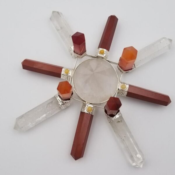 Orgone Energy~Crystal Generator Antenna wheel healing tool with Orange Carnelian, Red Jasper, Yellow Aventurine, Clear Quartz Reiki crystal energy tool