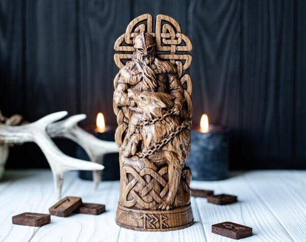 【Wood Sculpture】Tyr, Norse pantheon, viking pagan asatru heathen god and goddess Scandinavian gods altar mythology, Fenrir