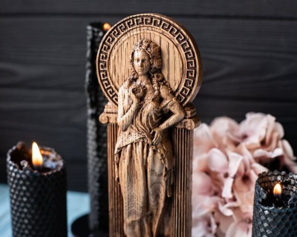 【Wood Sculpture】Persephone with SKULL, goddess of spring, greek statue, Kore figurine, queen of the underworld, pagan, wiccan, wicca, altar, witches