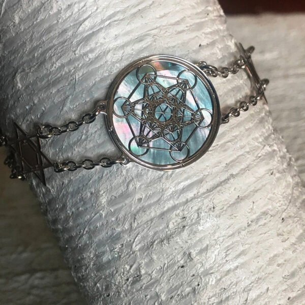 Home Decor~Metatron in Rhodium anti allergic on 925 silver and black mother of pearl background, sacred geometry spiritual bracelet jewel, yoga gift