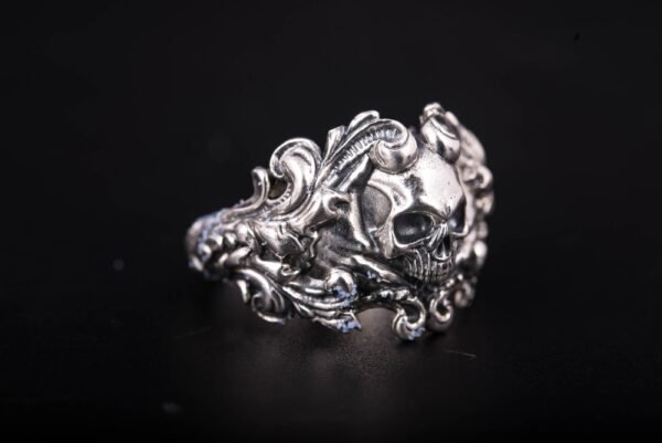 Solid Silver Skull Ring, Biker Ring, Gift for Biker, Skull Jewelry, Brutal Biker Ring, Leaves and Skull Ring, Unique Handmade Jewelry