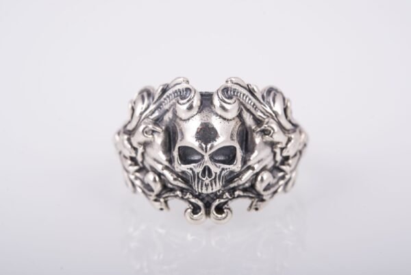 Solid Silver Skull Ring, Biker Ring, Gift for Biker, Skull Jewelry, Brutal Biker Ring, Leaves and Skull Ring, Unique Handmade Jewelry