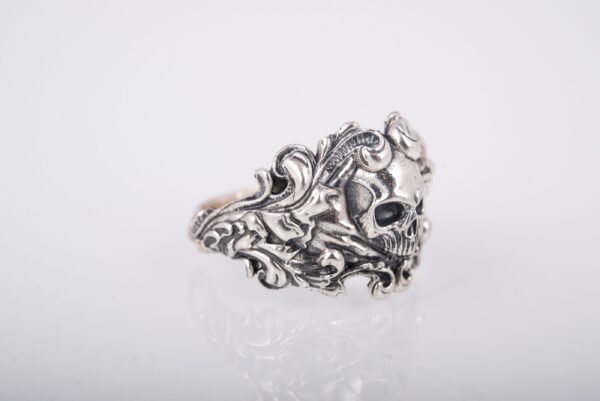 Solid Silver Skull Ring, Biker Ring, Gift for Biker, Skull Jewelry, Brutal Biker Ring, Leaves and Skull Ring, Unique Handmade Jewelry