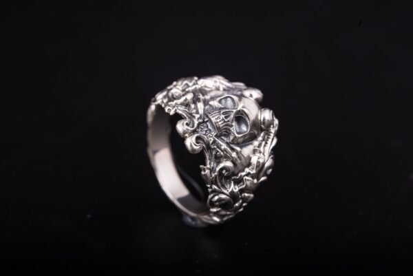 Solid Silver Skull Ring, Biker Ring, Gift for Biker, Skull Jewelry, Brutal Biker Ring, Leaves and Skull Ring, Unique Handmade Jewelry
