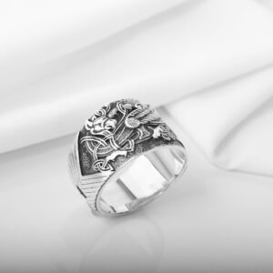 925 Silver Viking Raven Ring with Celtic Ornament, Handmade Viking Historical Jewelry with Ravens and Scandinavian Ornaments, Crown Ring